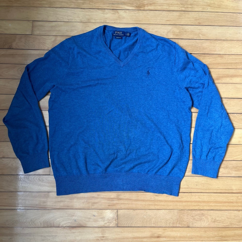 Polo Ralph Lauren Mens Blue Pima Cotton V-Neck Sweater Size Large Pony Logo